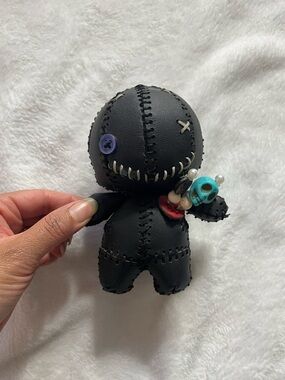 Black Stitched Voodoo Doll Keychain with Turquoise Skull Charm